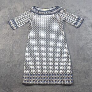 Max Studio Dress Women's L Blue/Tan Geometric Retro Print Shift Sheath Career
